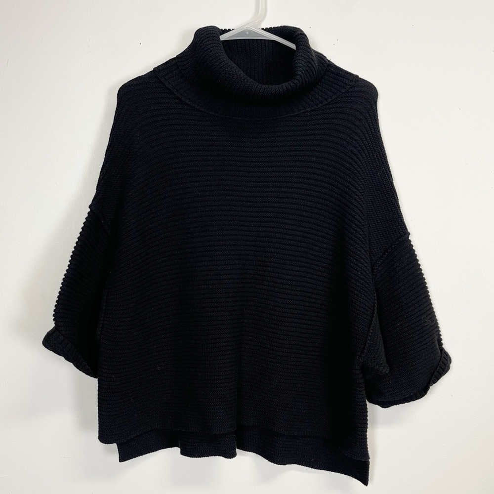 Free People Sweater Womens Small Black Short Sleeve Turtleneck Knit Cotton